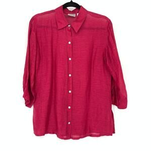 Chicos Button Front Shirt Womens Size 0 US S Raspberry Red 3/4 Sleeve Linen Silk
